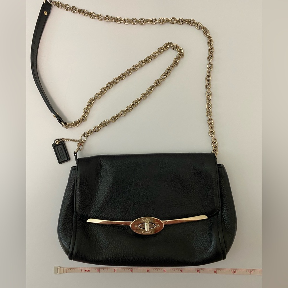 Coach Crossbody Purse, black leather with gold hardware 10 x 6”